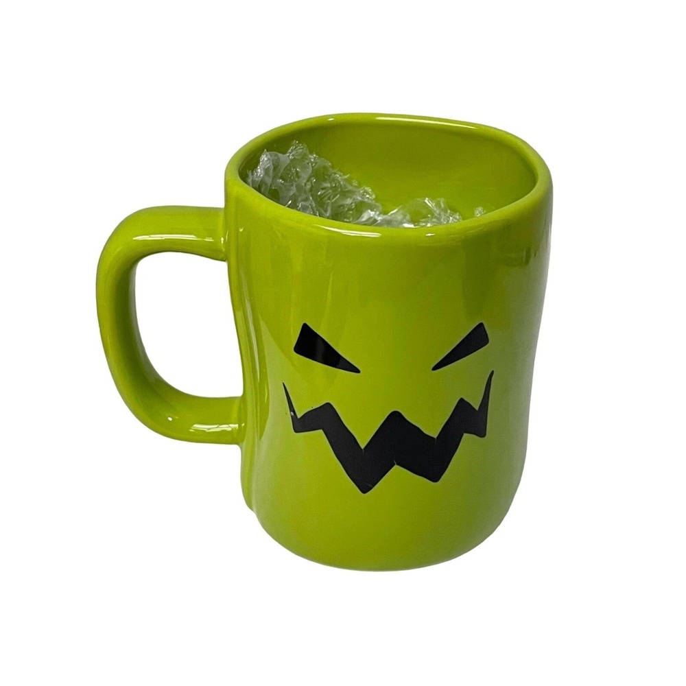 RAE Dunn Artisan Collection Green Pumpkin Face Boo Spooky Halloween Mug 3W 5H